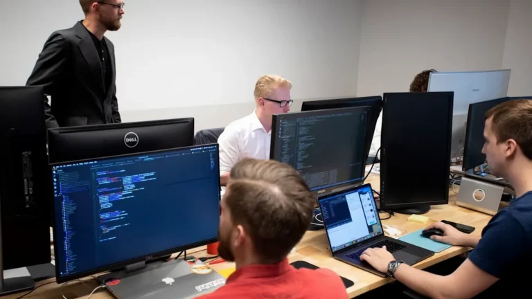 a group of men sitting at a table working on computers