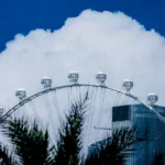 A large ferris wheel sitting in the middle of a cloudy sky