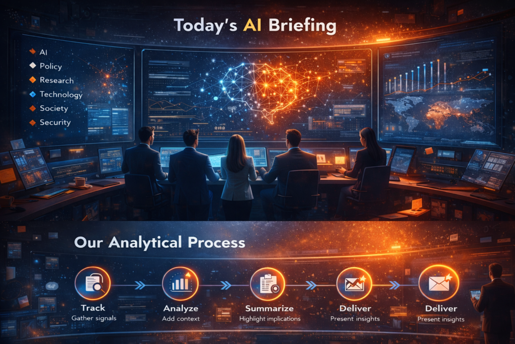 AI Briefing dashboard showing real-time analysis of AI policy, research, technology, society impact, and security trends
