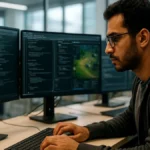 A computer programmer working intently on coding with multiple screens showing code and game interfaces in an office setting.