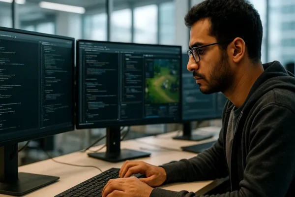 A computer programmer working intently on coding with multiple screens showing code and game interfaces in an office setting.