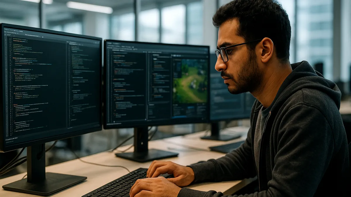 A computer programmer working intently on coding with multiple screens showing code and game interfaces in an office setting.