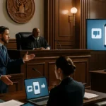 A courtroom scene showing a judge, jury, and lawyers during a trial focused on social media platform legal issues with visible digital evidence.