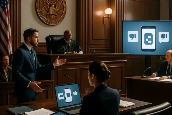 A courtroom scene showing a judge, jury, and lawyers during a trial focused on social media platform legal issues with visible digital evidence.