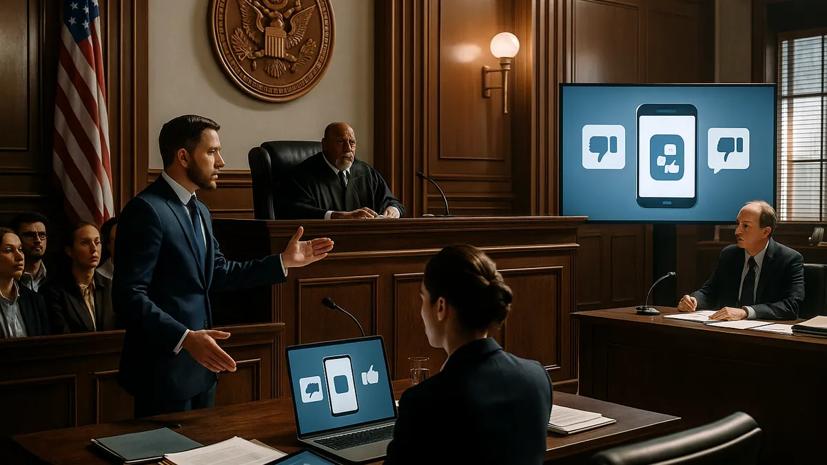 A courtroom scene showing a judge, jury, and lawyers during a trial focused on social media platform legal issues with visible digital evidence.