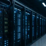 A data center with multiple server racks illuminated by blue and white lights, showing AI hardware infrastructure and cooling systems.