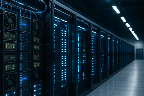 A data center with multiple server racks illuminated by blue and white lights, showing AI hardware infrastructure and cooling systems.