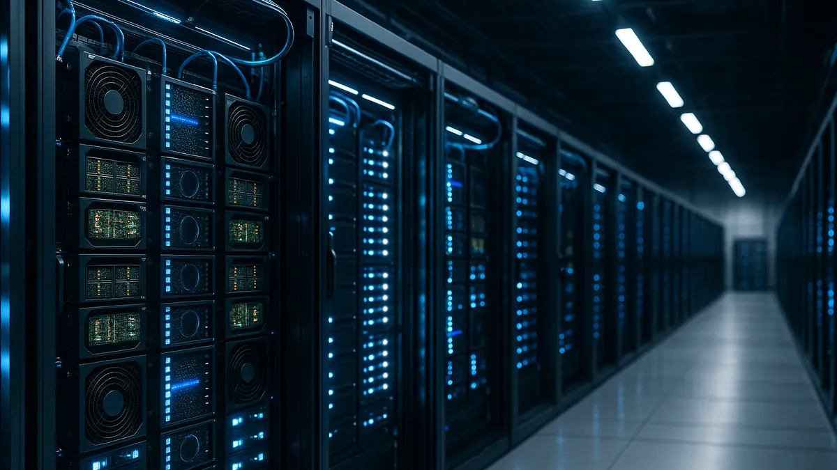 A data center with multiple server racks illuminated by blue and white lights, showing AI hardware infrastructure and cooling systems.