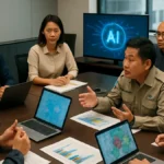 A diverse group of disaster management leaders collaborating around a conference table with laptops and maps during an AI integration workshop in Bangkok.