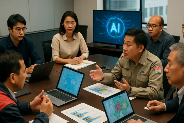 A diverse group of disaster management leaders collaborating around a conference table with laptops and maps during an AI integration workshop in Bangkok.