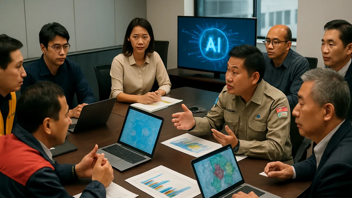A diverse group of disaster management leaders collaborating around a conference table with laptops and maps during an AI integration workshop in Bangkok.