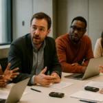 A diverse group of people sitting around a table in a conference room actively discussing and using voting devices during an AI public dialogue event.