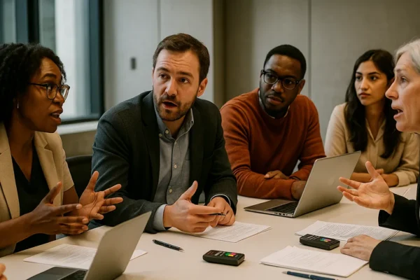 A diverse group of people sitting around a table in a conference room actively discussing and using voting devices during an AI public dialogue event.