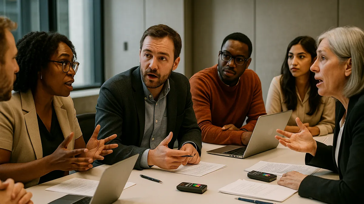 A diverse group of people sitting around a table in a conference room actively discussing and using voting devices during an AI public dialogue event.