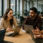 A diverse software development team collaborating around a table with laptops and notebooks in a bright office.