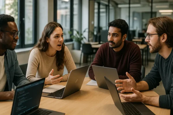 A diverse software development team collaborating around a table with laptops and notebooks in a bright office.