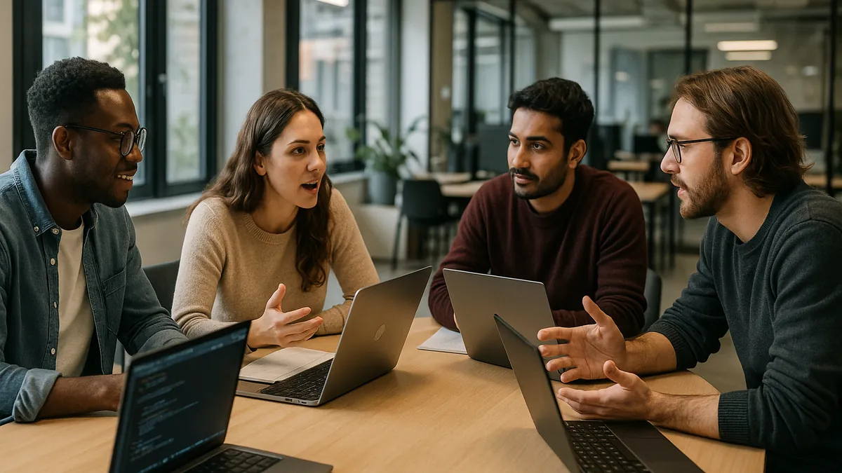 A diverse software development team collaborating around a table with laptops and notebooks in a bright office.