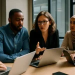A diverse team of technology professionals collaborating around a table with laptops in a modern office environment.