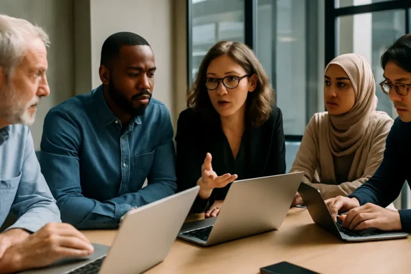 A diverse team of technology professionals collaborating around a table with laptops in a modern office environment.