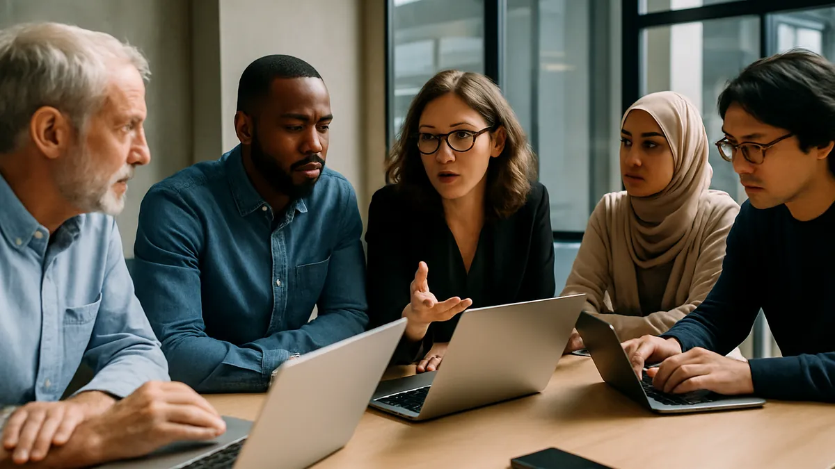 A diverse team of technology professionals collaborating around a table with laptops in a modern office environment.