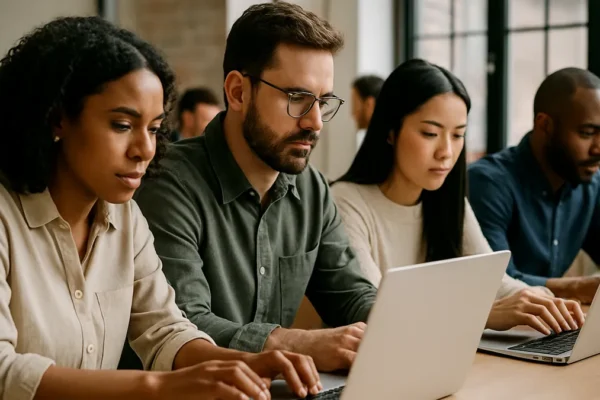 A group of adults working on laptops in an office, showing focused collaboration and concentration in a natural setting.