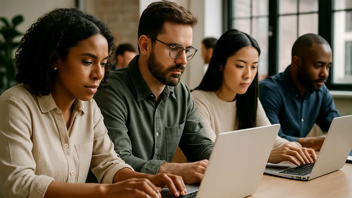 A group of adults working on laptops in an office, showing focused collaboration and concentration in a natural setting.