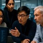 A group of AI researchers collaborating in a lab with multiple computer screens showing neural network data and AI models.