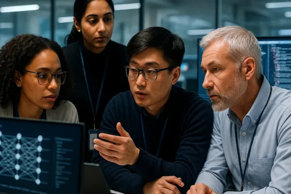 A group of AI researchers collaborating in a lab with multiple computer screens showing neural network data and AI models.