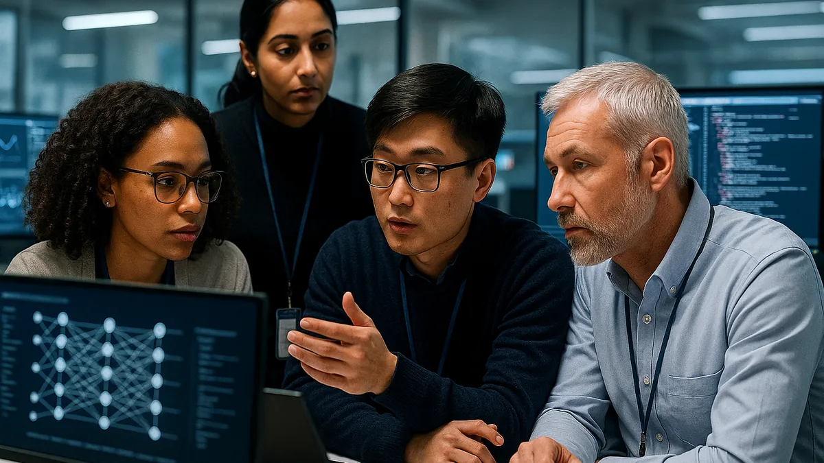 A group of AI researchers collaborating in a lab with multiple computer screens showing neural network data and AI models.