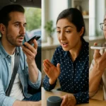A group of people in different locations using voice assistant devices, showing natural, real-time AI voice interactions.