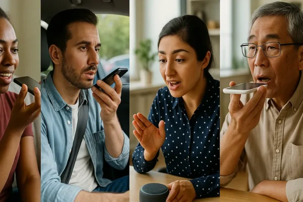 A group of people in different locations using voice assistant devices, showing natural, real-time AI voice interactions.