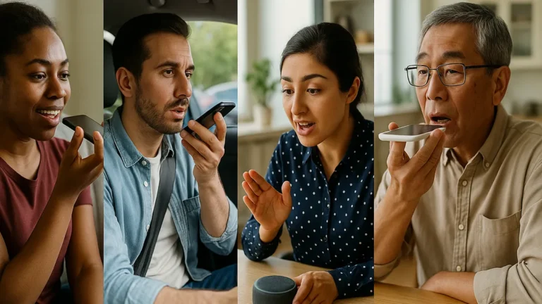 A group of people in different locations using voice assistant devices, showing natural, real-time AI voice interactions.