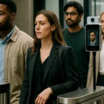 A group of people walking through an office entrance with facial recognition cameras scanning their faces for access control.