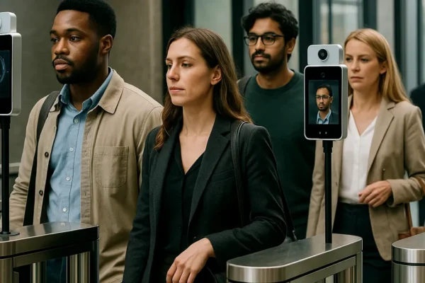 A group of people walking through an office entrance with facial recognition cameras scanning their faces for access control.