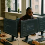 A group of software developers coding together with AI assistant tools visible on their computer screens in an open office setting.
