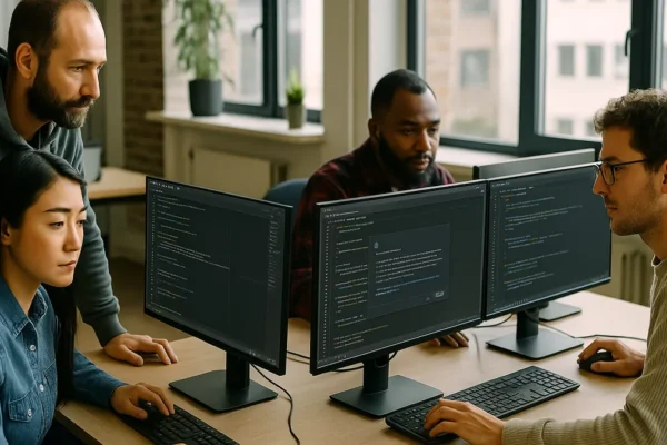 A group of software developers coding together with AI assistant tools visible on their computer screens in an open office setting.