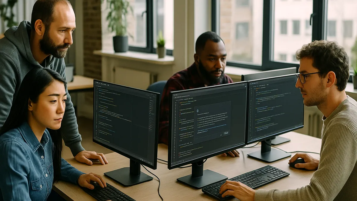 A group of software developers coding together with AI assistant tools visible on their computer screens in an open office setting.