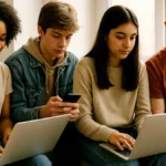 A group of teenagers using laptops and smartphones together in a well-lit room, engaged with digital content.