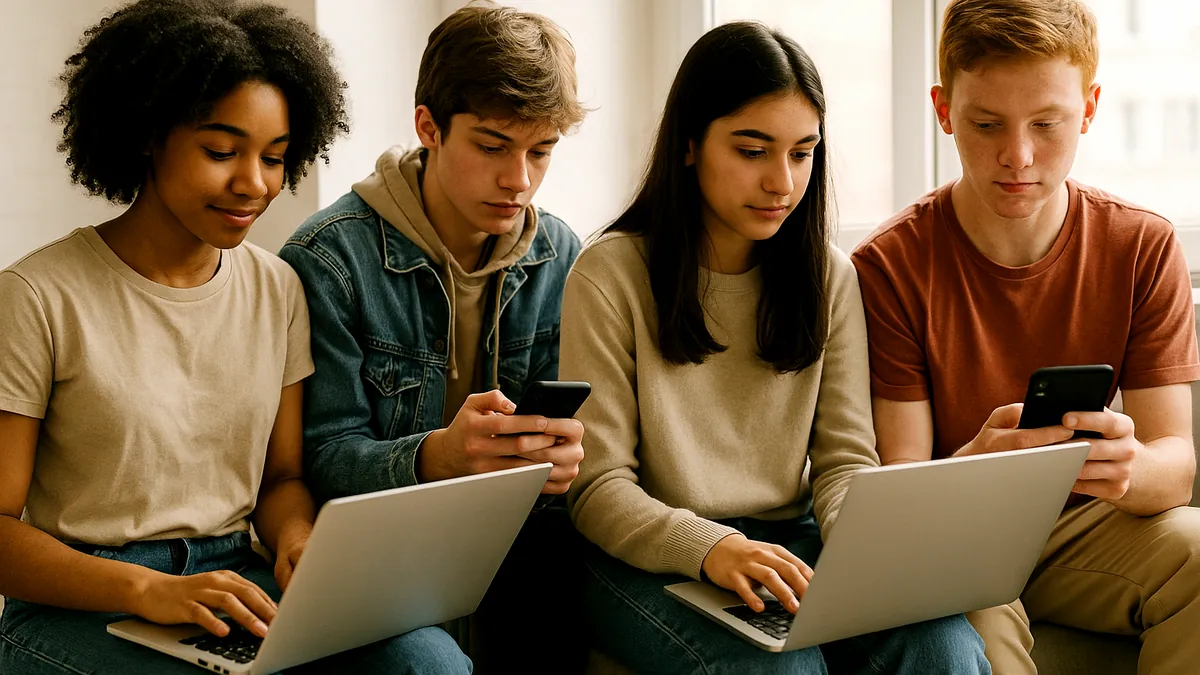 A group of teenagers using laptops and smartphones together in a well-lit room, engaged with digital content.