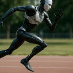 A humanoid robot running at high speed on an outdoor track with visible carbon fiber limbs and balanced posture in daylight.