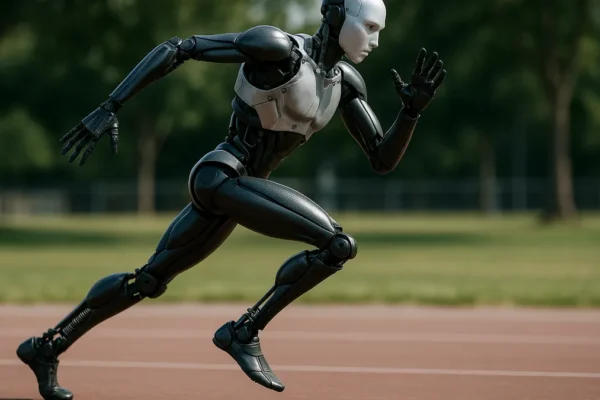 A humanoid robot running at high speed on an outdoor track with visible carbon fiber limbs and balanced posture in daylight.