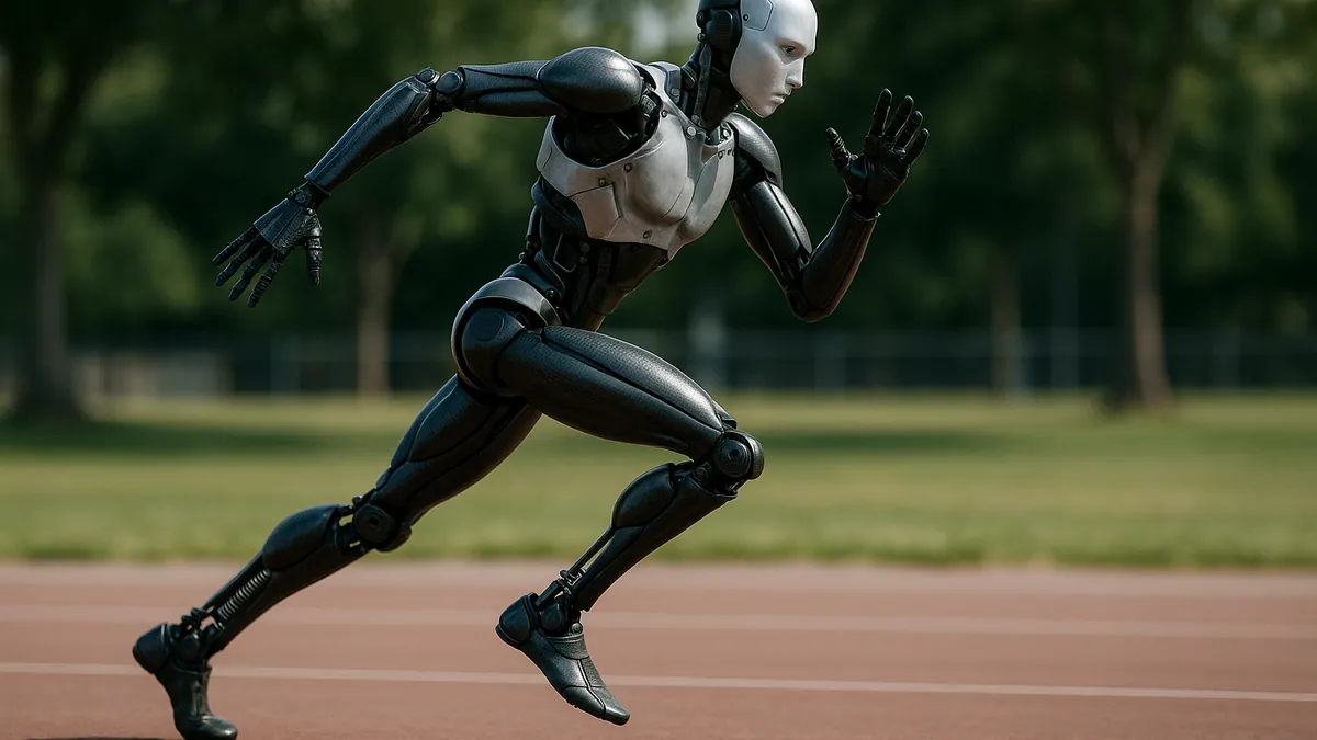 A humanoid robot running at high speed on an outdoor track with visible carbon fiber limbs and balanced posture in daylight.