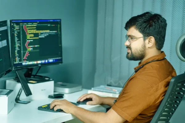 a man sitting at a desk using a computer