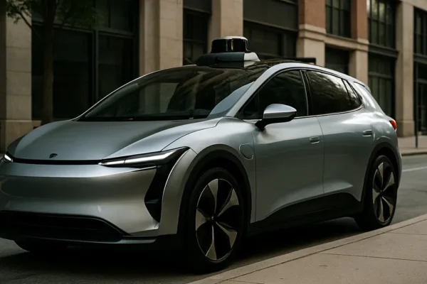A midsize electric autonomous vehicle parked on a city street with visible sleek exterior design and urban surroundings during daytime.