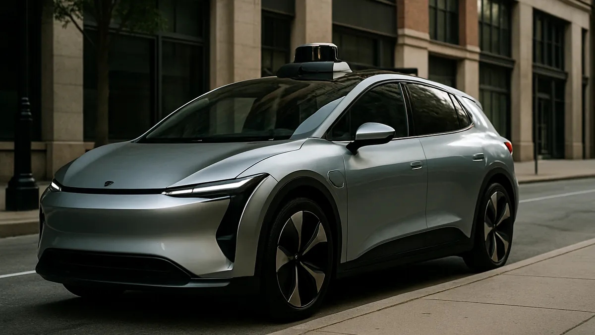 A midsize electric autonomous vehicle parked on a city street with visible sleek exterior design and urban surroundings during daytime.