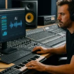 A music producer in a studio using digital equipment and AI tools to create and edit music tracks.