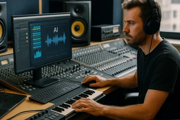 A music producer in a studio using digital equipment and AI tools to create and edit music tracks.