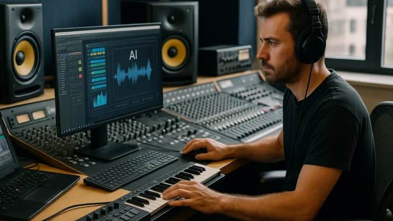 A music producer in a studio using digital equipment and AI tools to create and edit music tracks.