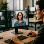 A person focused on computer screens showing video editing and AI-generated clips in a modern office setup.