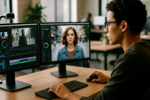 A person focused on computer screens showing video editing and AI-generated clips in a modern office setup.